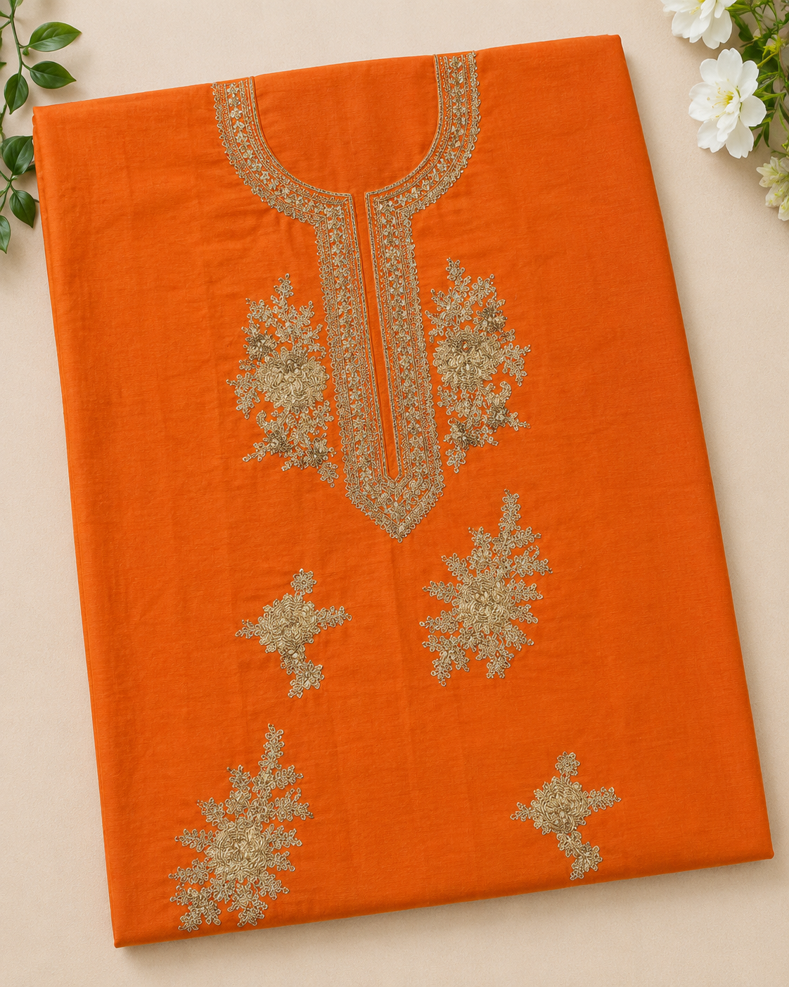 Premium Cotton Embroidered Dress Piece – Orange