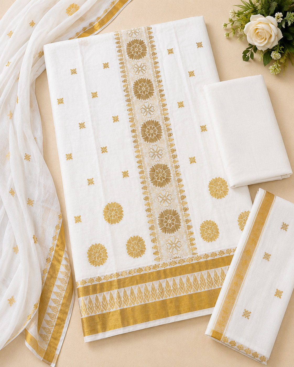 White & Gold Embroidered | Dupatta + Bottom Included