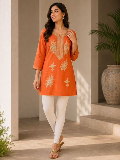 Premium Cotton Embroidered Dress Piece – Orange