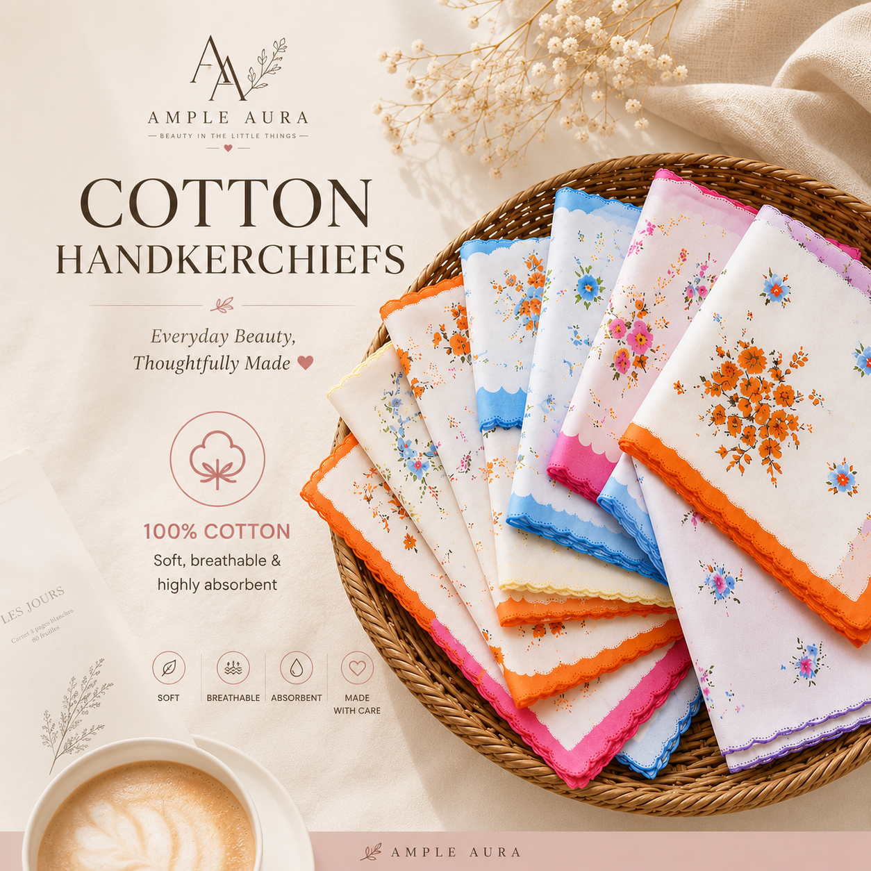 Vintage Floral Cotton Handkerchiefs – Pack of 12