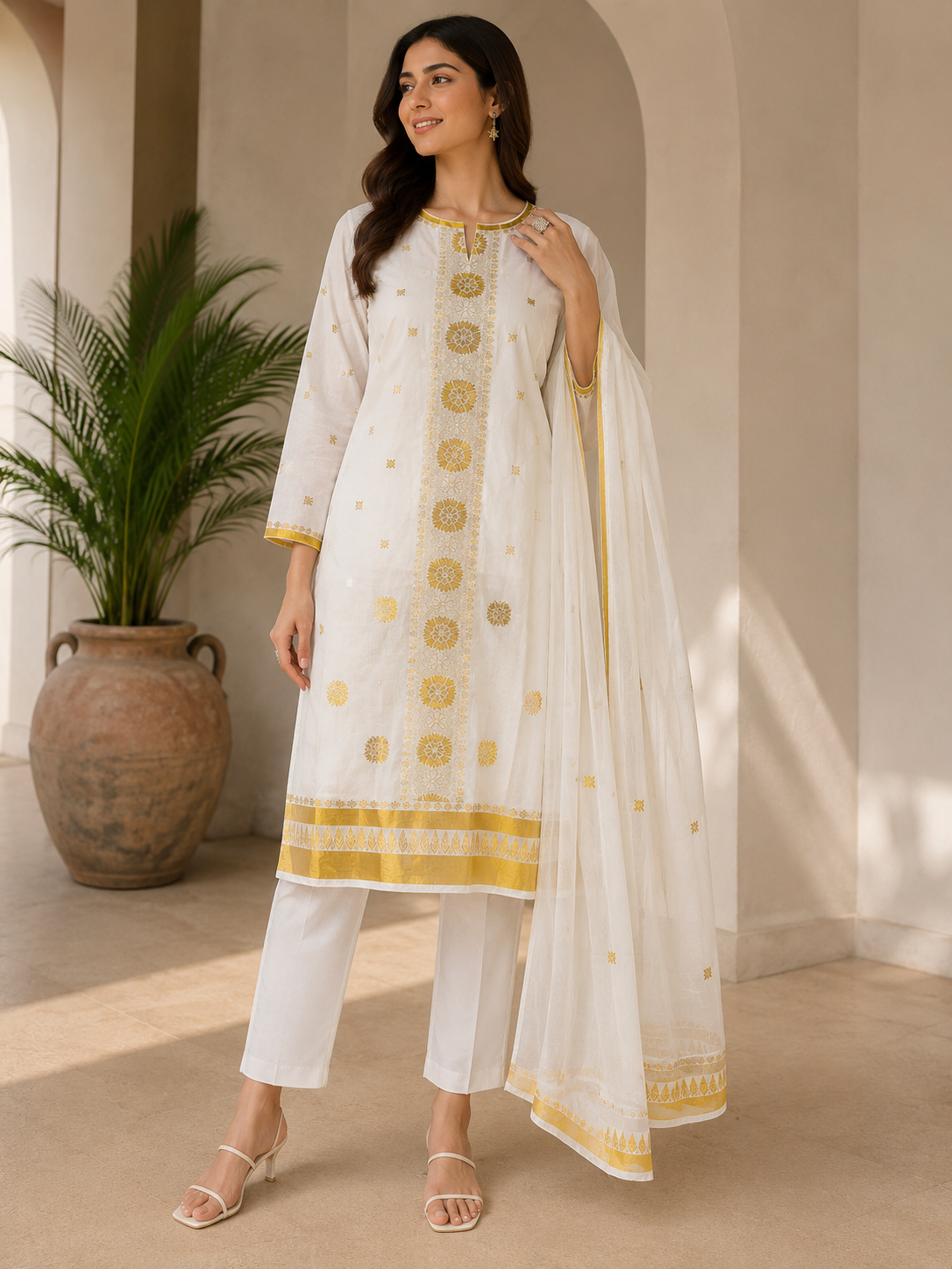 White & Gold Embroidered | Dupatta + Bottom Included