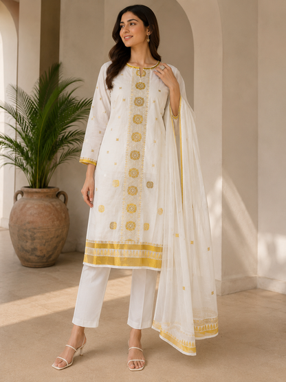 White & Gold Embroidered | Dupatta + Bottom Included