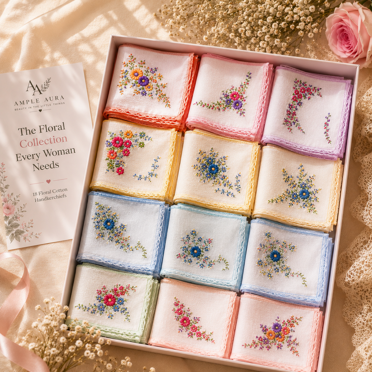 Vintage Floral Printed Handkerchiefs – Pack of 18